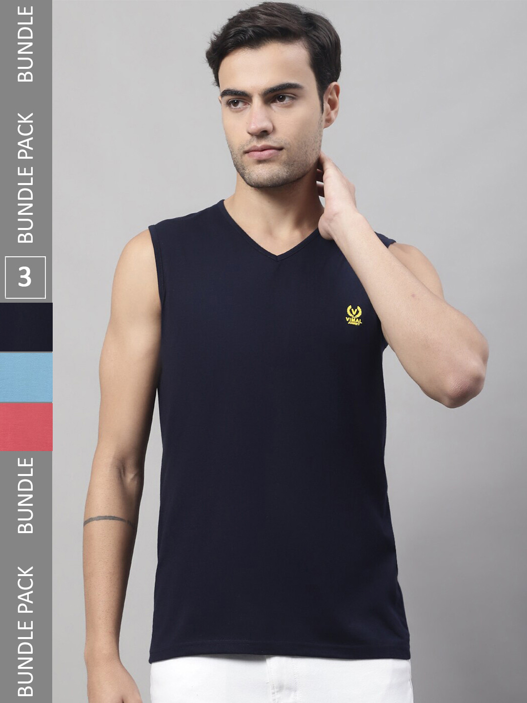 

VIMAL JONNEY Pack Of 3 V-Neck Cotton Gym Vests, Navy blue