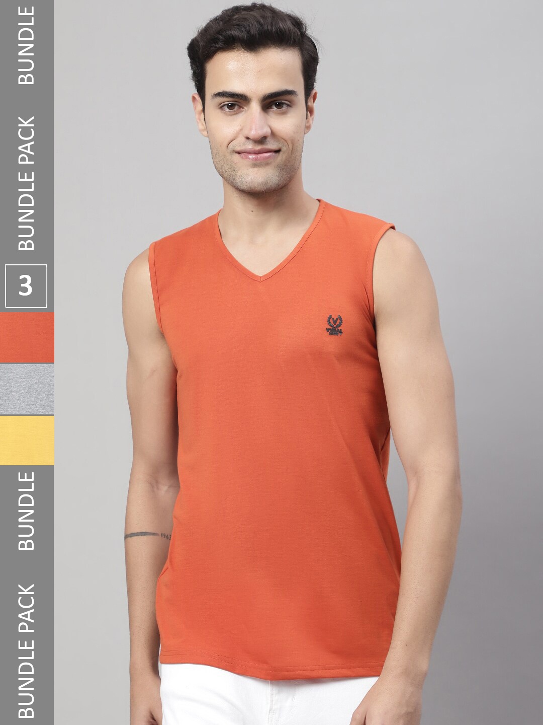 

VIMAL JONNEY Pack Of 3 V-Neck Cotton Gym Vests, Orange