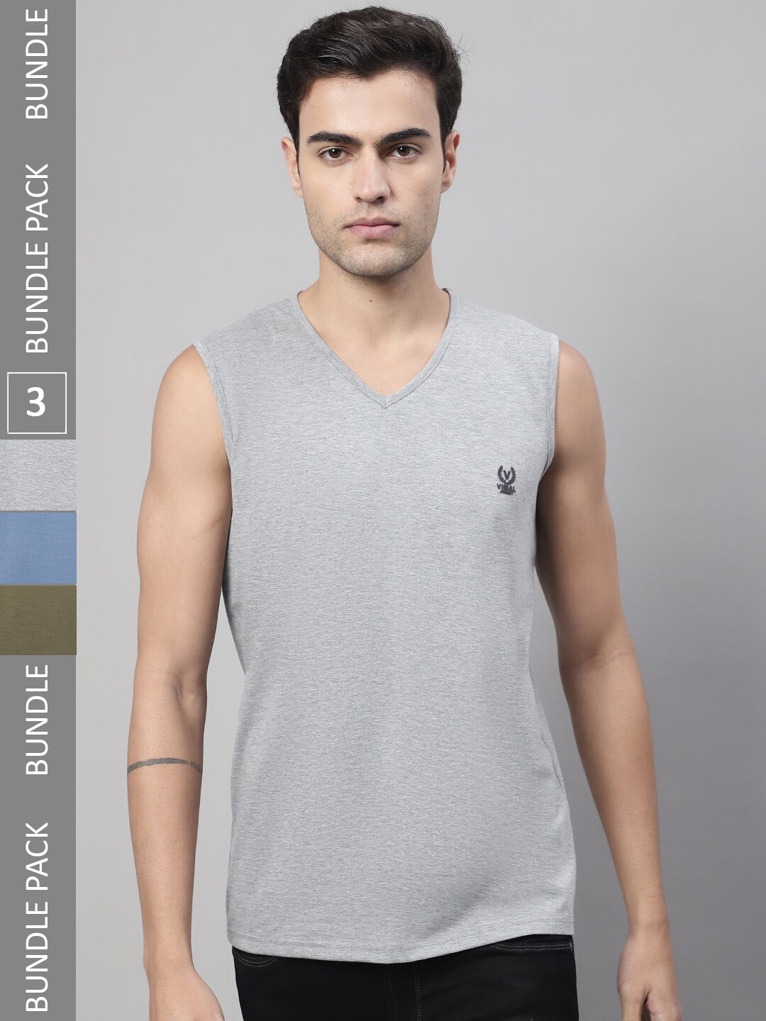 

VIMAL JONNEY Pack Of 3 V-Neck Cotton Gym Vests, Grey