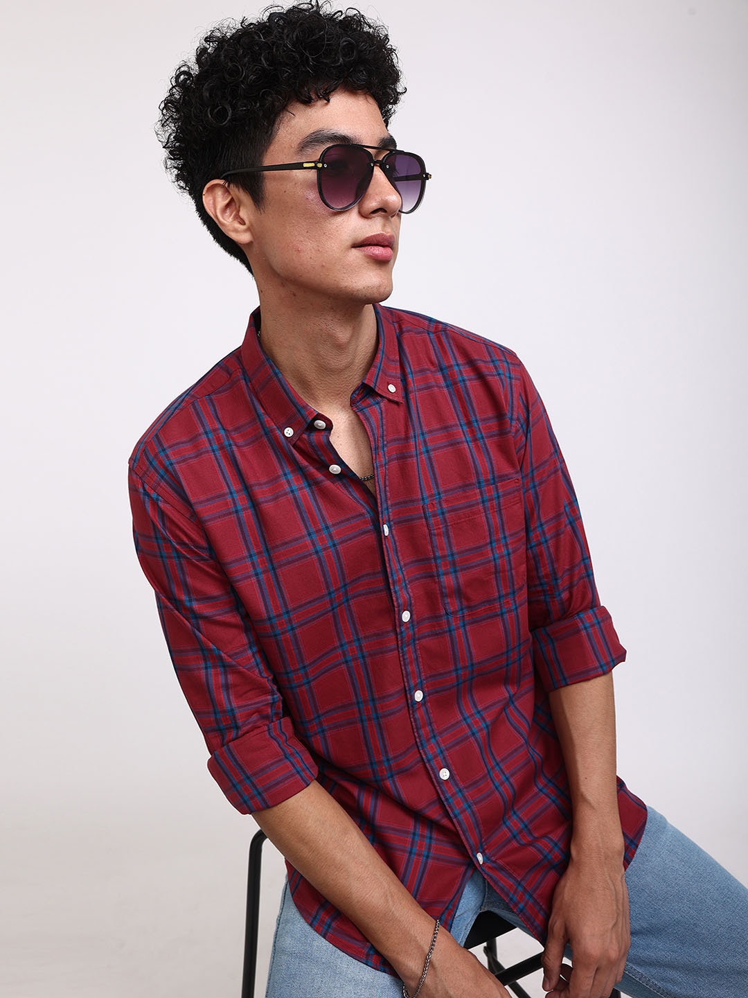 

Snitch Red Standard Slim Fit Tartan Checked Button Down Collar Cotton Casual Shirt