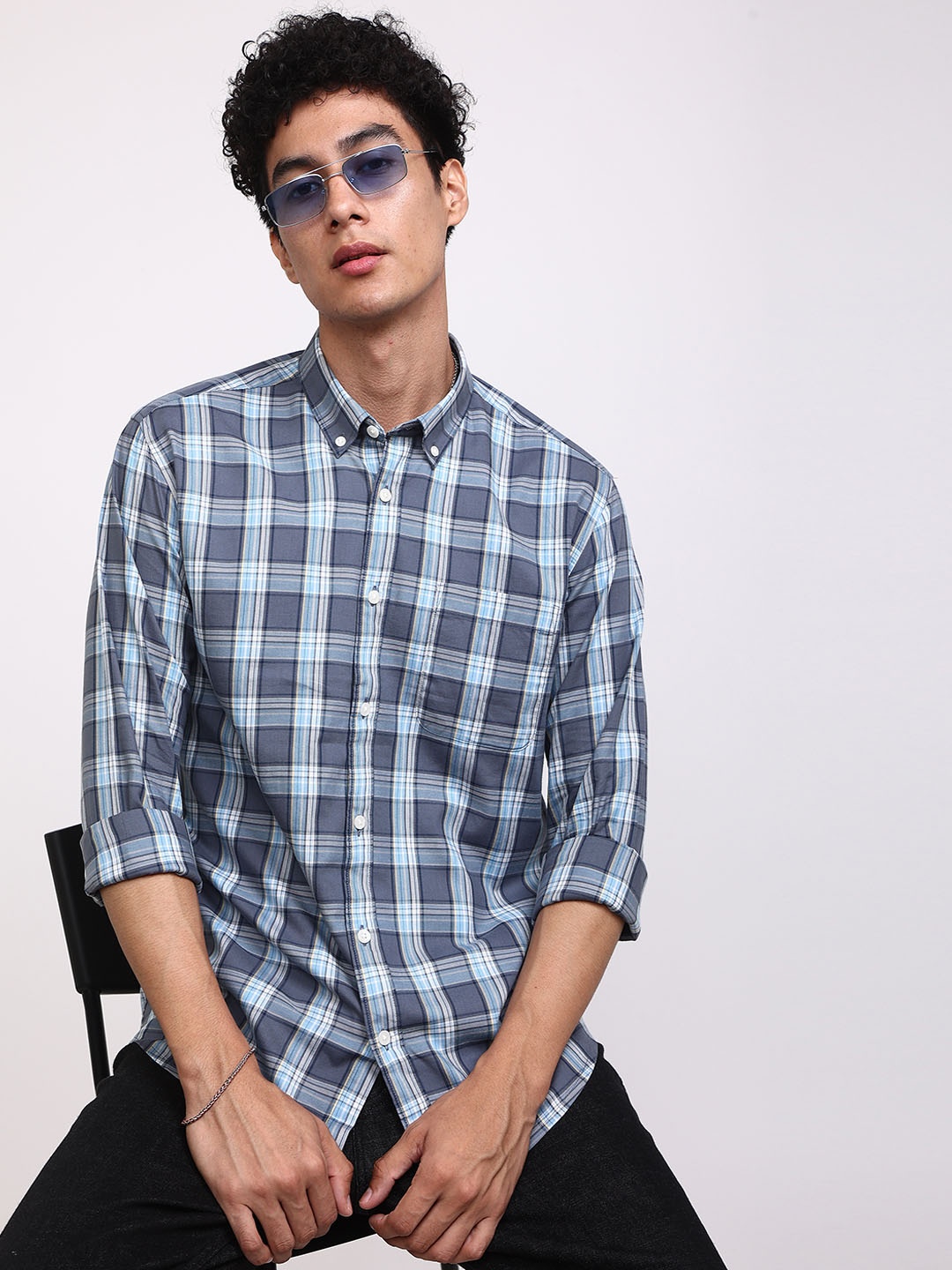 

Snitch Grey Standard Slim Fit Tartan Checked Button Down Collar Pure Cotton Shirt