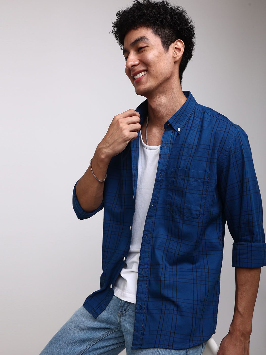 

Snitch Blue Standard Slim Fit Tartan Checked Pure Cotton Casual Shirt