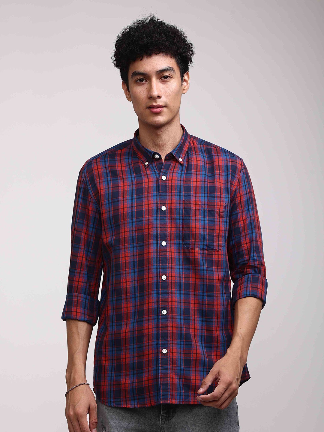 

Snitch Blue Standard Slim Fit Tartan Checked Pure Cotton Casual Shirt