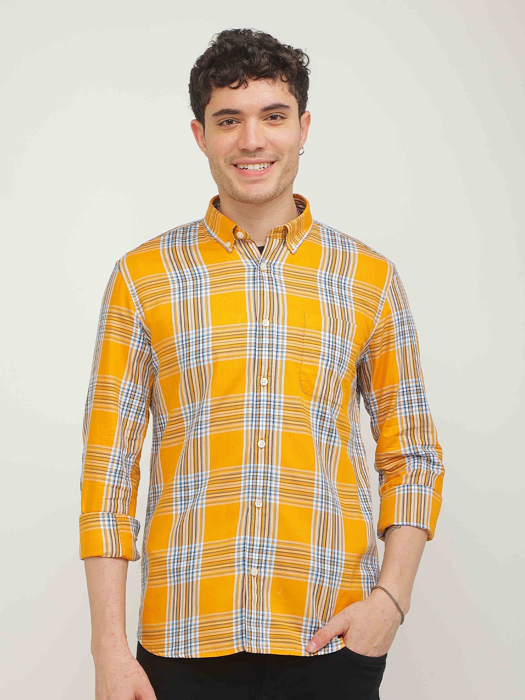 

Snitch Mustard Standard Slim Fit Tartan Checked Pure Cotton Casual Shirt