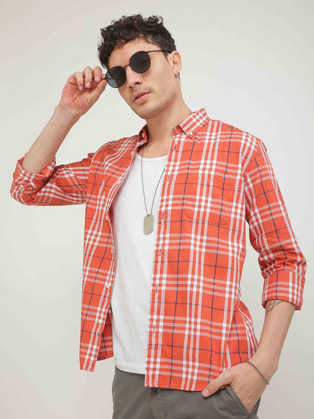 

Snitch Orange Standard Slim Fit Tartan Checked Casual Pure Cotton Shirt