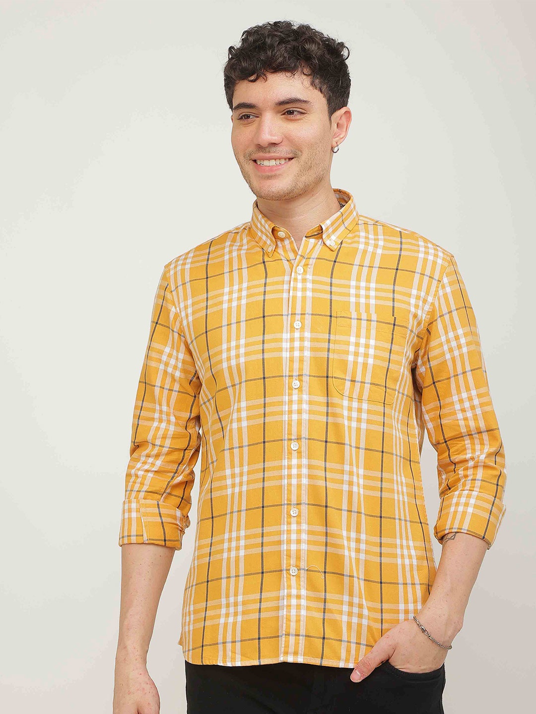 

Snitch Yellow Standard Slim Fit Tartan Checked Casual Pure Cotton Shirt