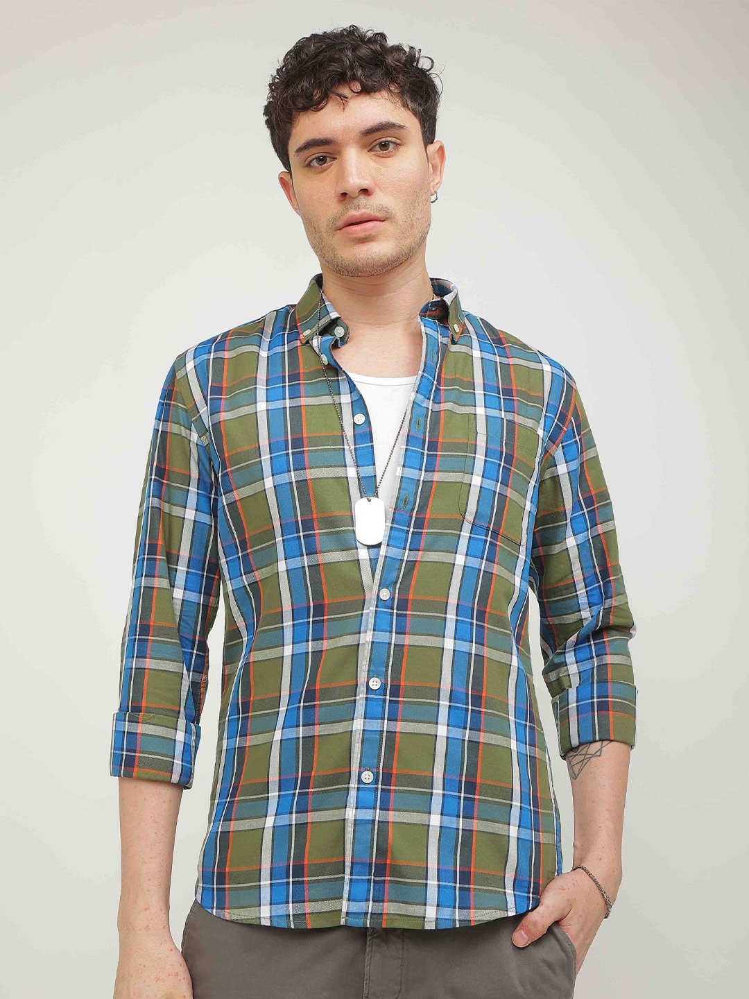 

Snitch Olive Standard Slim Fit Tartan Checked Casual Pure Cotton Shirt