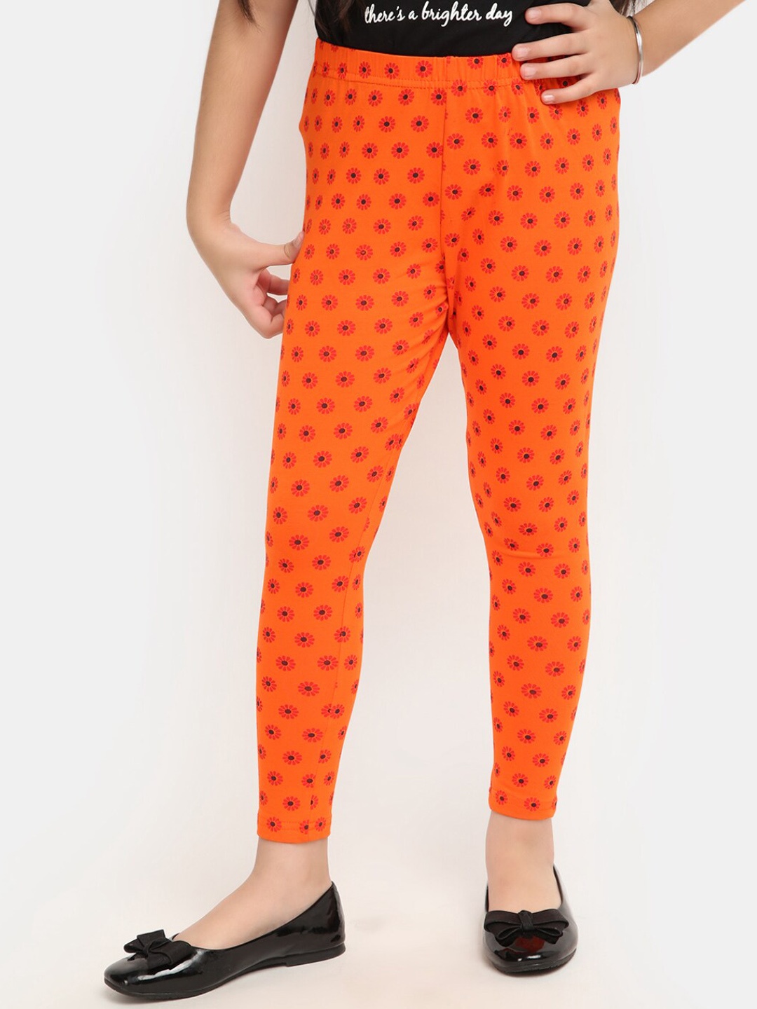 

V-Mart Girls Printed Ankle-Length Cotton Leggings, Orange