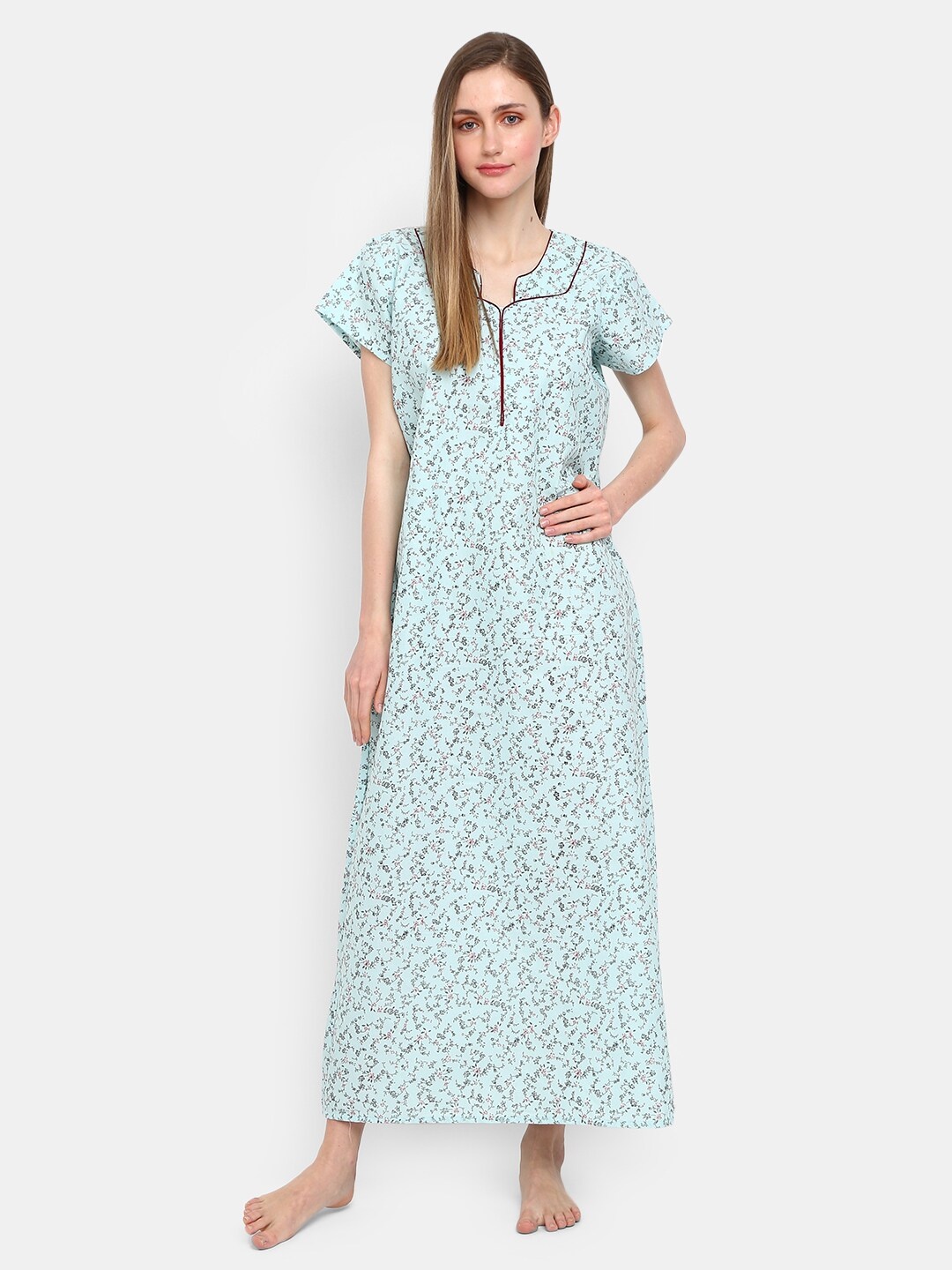 

V-Mart Floral Printed Cotton Maxi Nightdress, Blue
