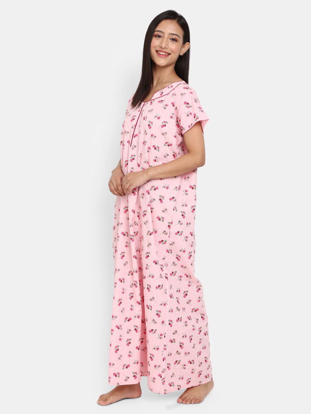 

V-Mart Floral Printed Stylised Neck Maxi Nightdress, Pink