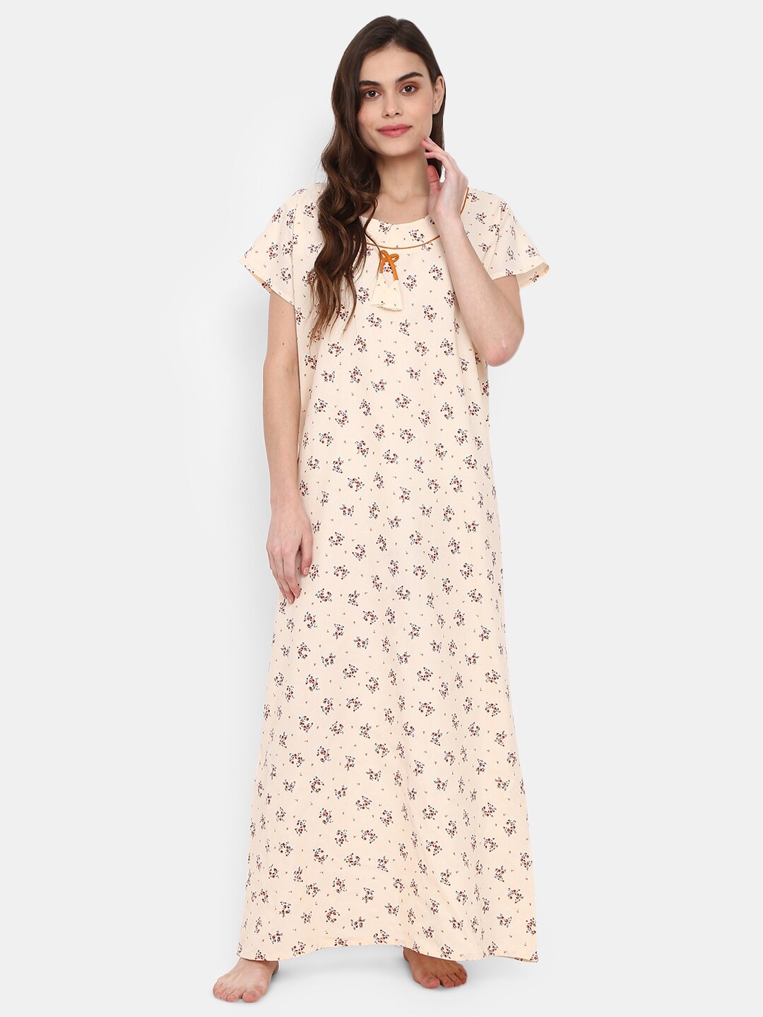 

V-Mart Printed Cotton Maxi Nightdress, Cream