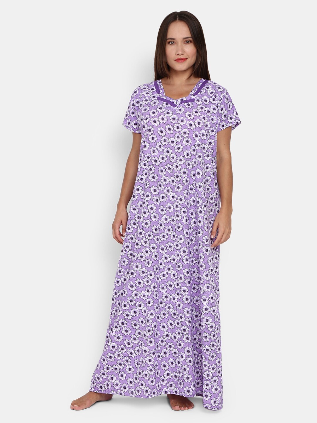 

V-Mart Floral Printed V-Neck Maxi Nightdress, Purple