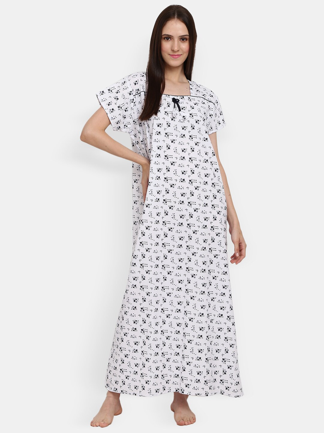 

V-Mart Floral Printed Cotton Maxi Nightdress, White