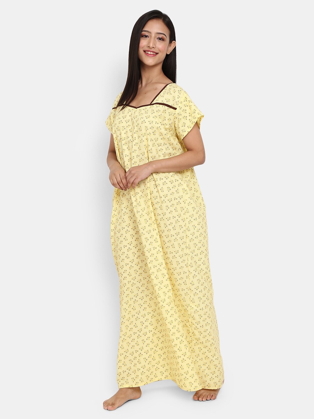 

V-Mart Floral Printed Cotton Maxi Nightdress, Yellow