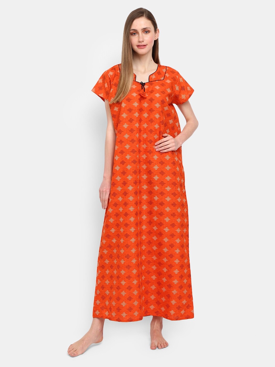 

V-Mart Abstract Printed Stylised Neck Maxi Nightdress, Orange