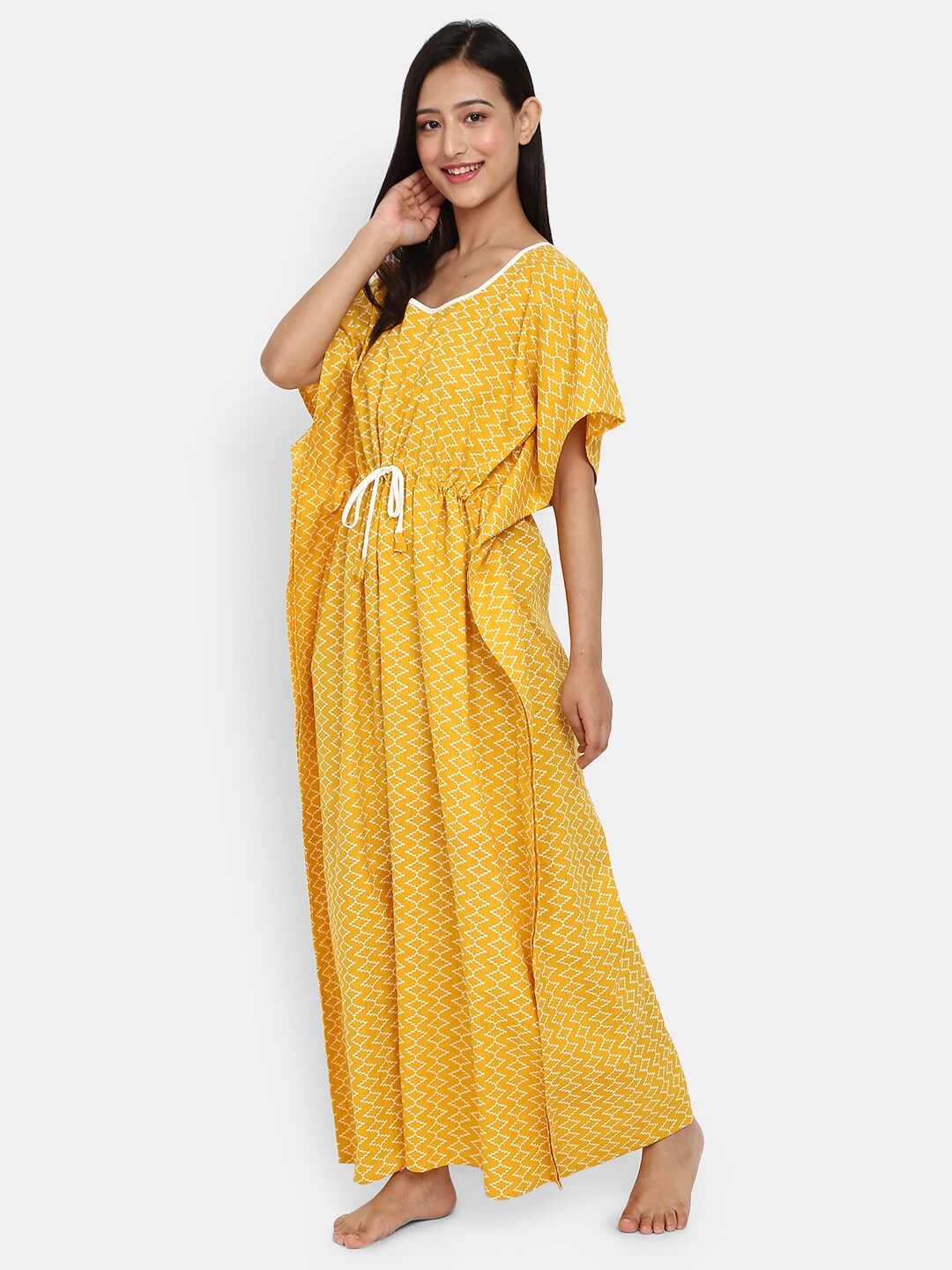 

V-Mart Printed Kaftan Maxi Cotton Nightdress, Yellow