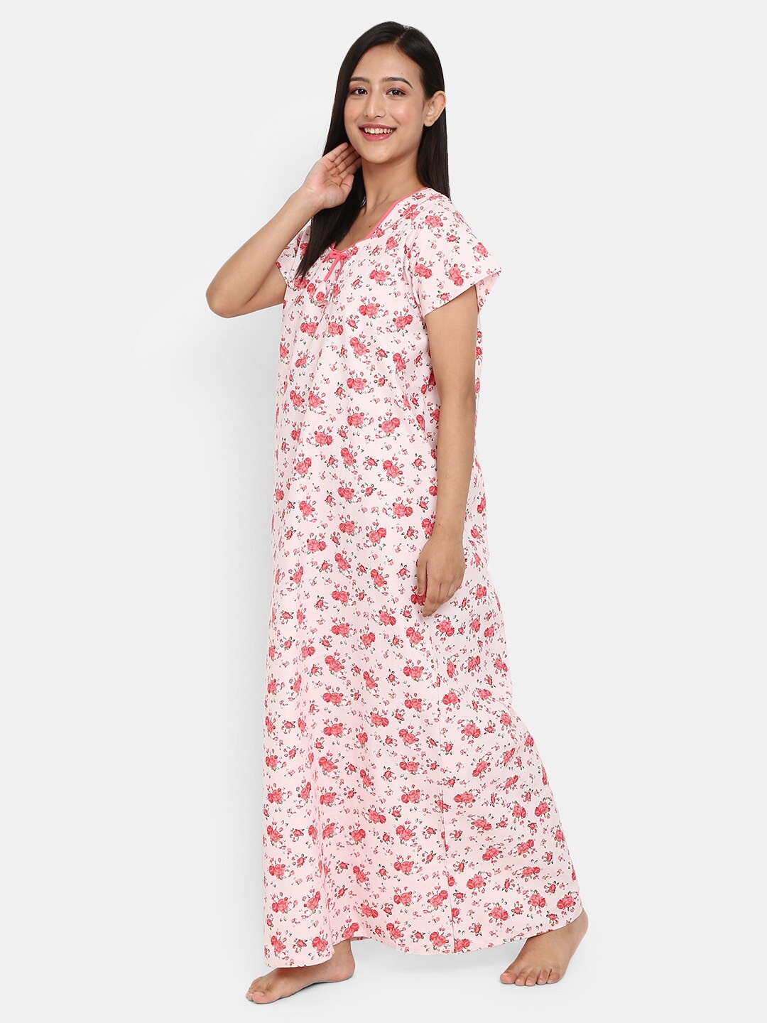 

V-Mart Floral Printed Pure Cotton Maxi Nightdress, Pink