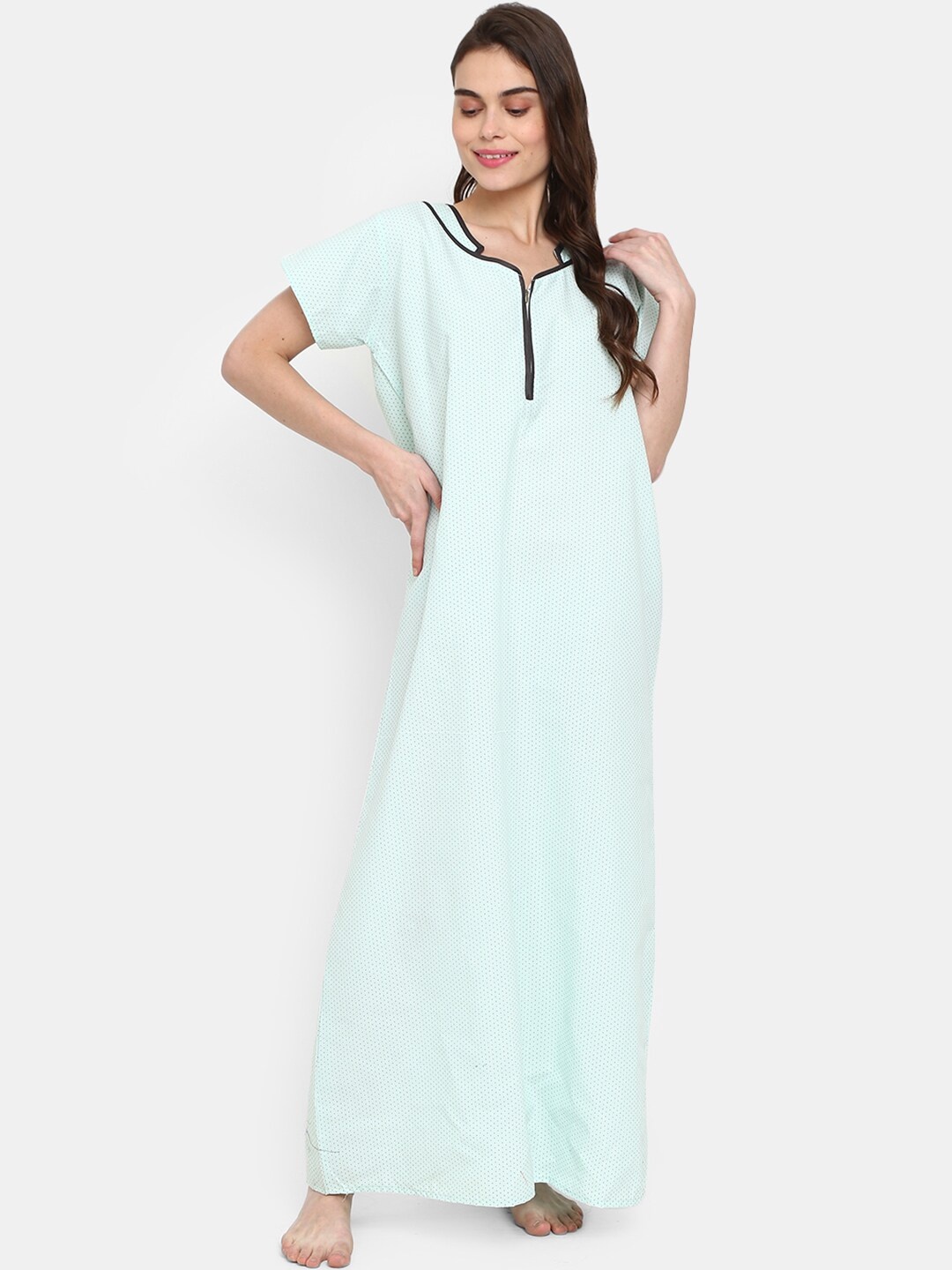 

V-Mart Polka Dots Printed Stylised Neck Maxi Nightdress, Green