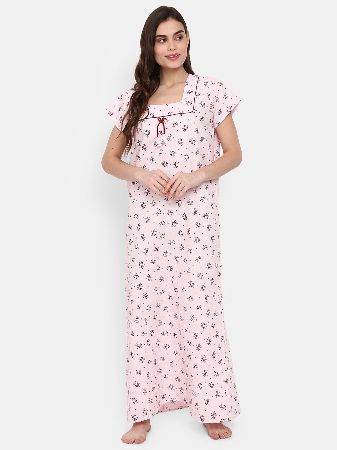 

V-Mart Floral Printed Square Neck Pure Cotton Maxi Nightdress, Pink