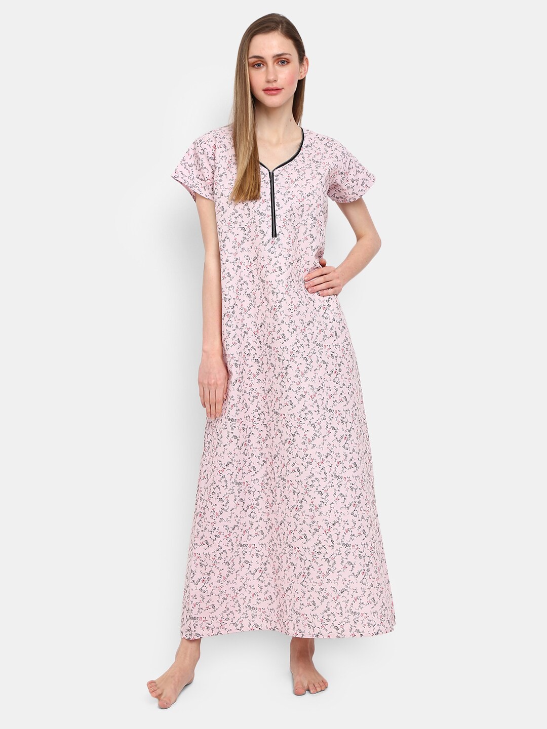 

V-Mart Floral Printed V-Neck Maxi Nightdress, Pink