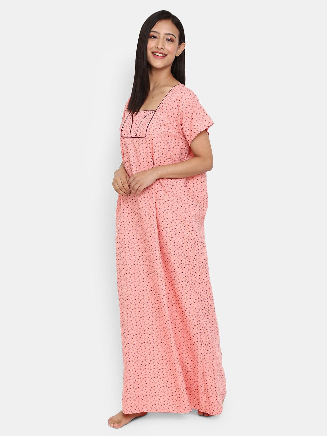 

V-Mart Floral Printed Square Neck Maxi Nightdress, Pink