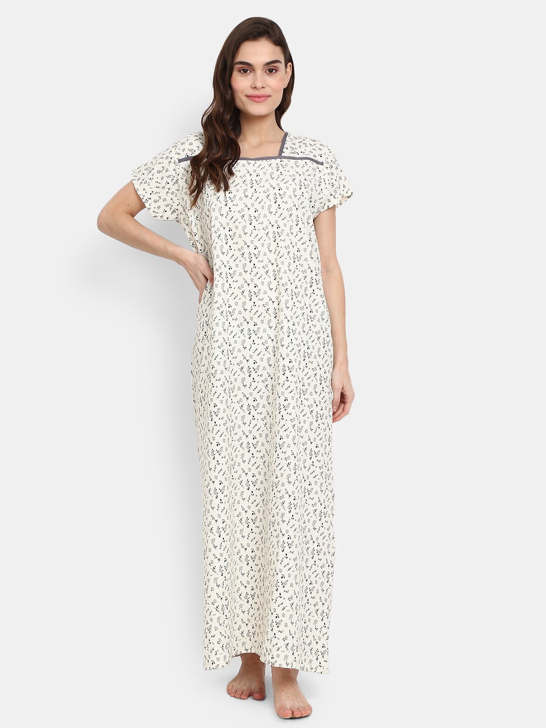 

V-Mart Floral Printed Square Neck Pure Cotton Maxi Nightdress, Yellow