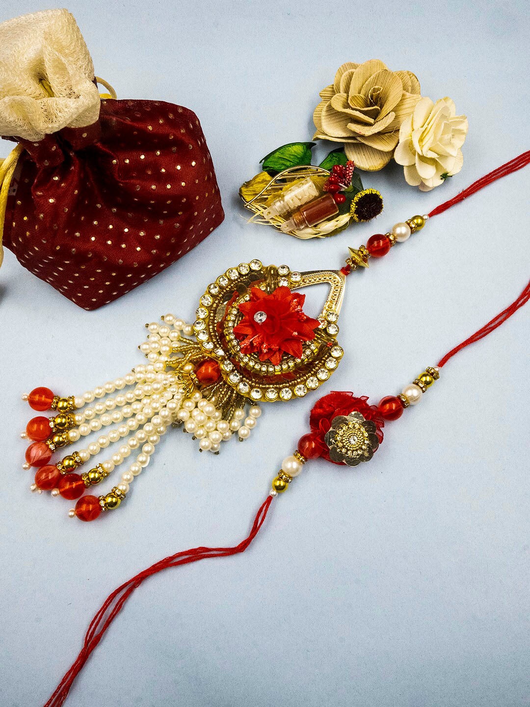

StileAdda Set Of 2 Stone-Studded & Beaded Rakhi With Roli Chawal, Gold