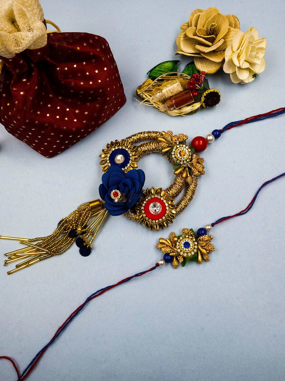 

StileAdda Unisex Set Of 2 Beaded Bhai Bhabhi Rakhi With Roli Chawal, Gold