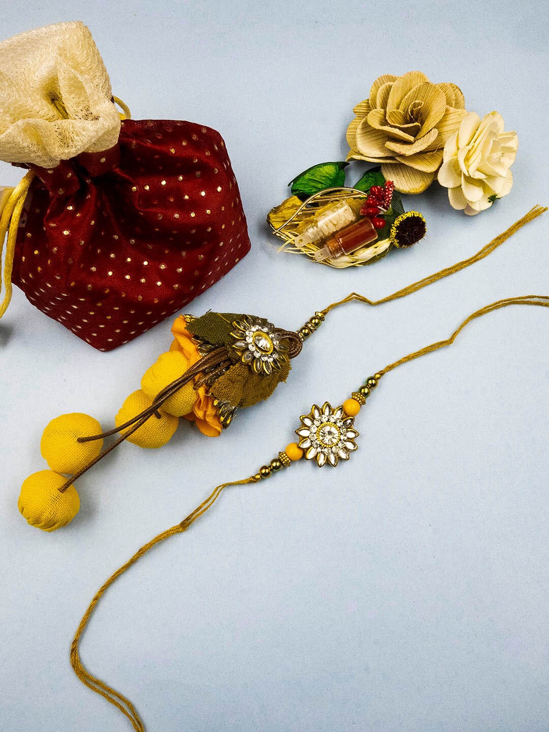

StileAdda Set Of 2 Stone-Studded & Beaded Rakhi With Roli Chawal, Gold