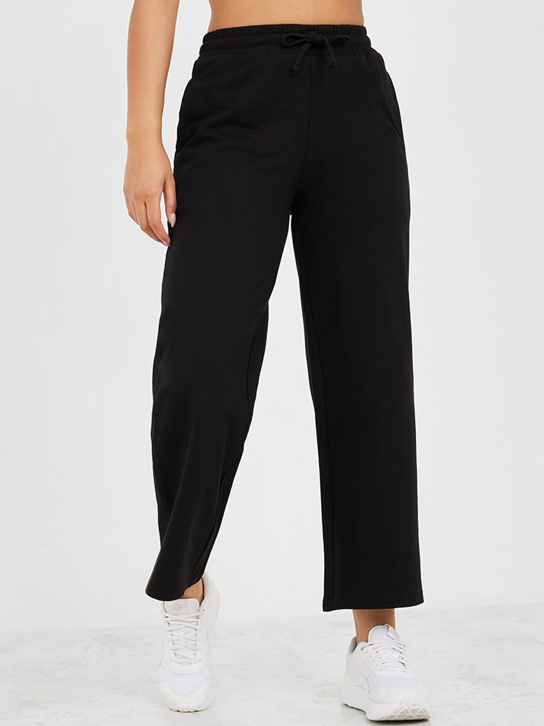 

Styli Women Cotton Relaxed Fit Wide Leg Track Pants, Black