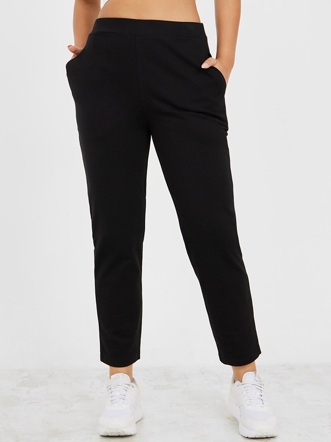 

Styli Women Pure Cotton Straight Leg Active Track Pant With Side Pockets, Black