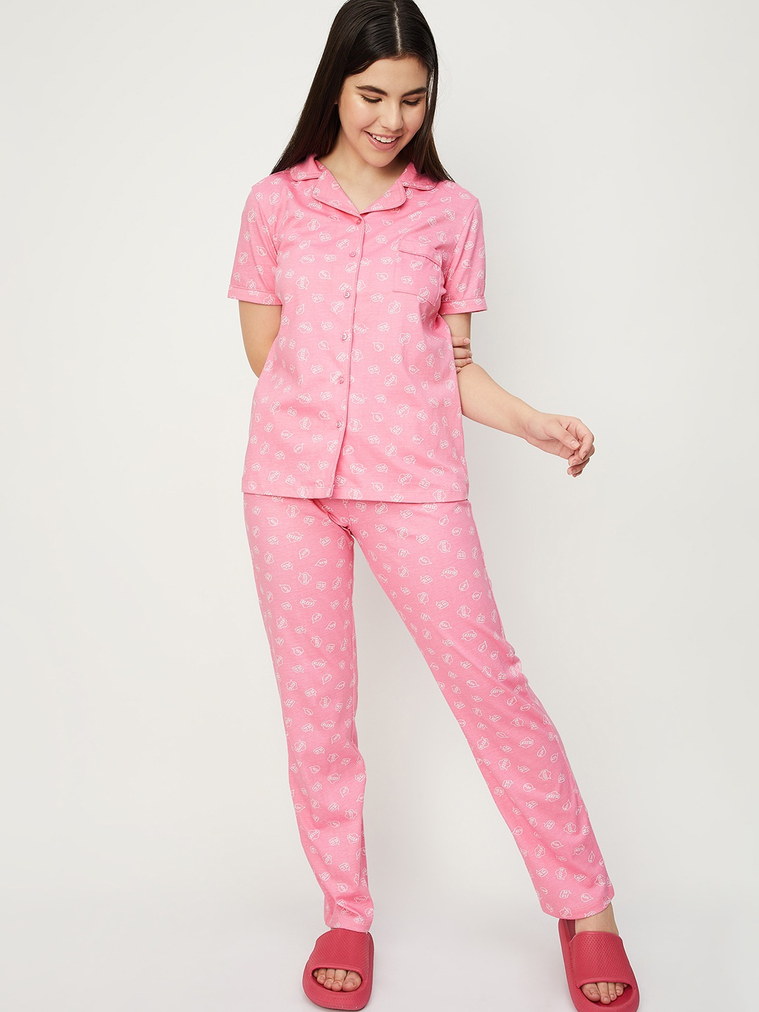 

max Graphic Printed Pure Cotton Night suit, Pink