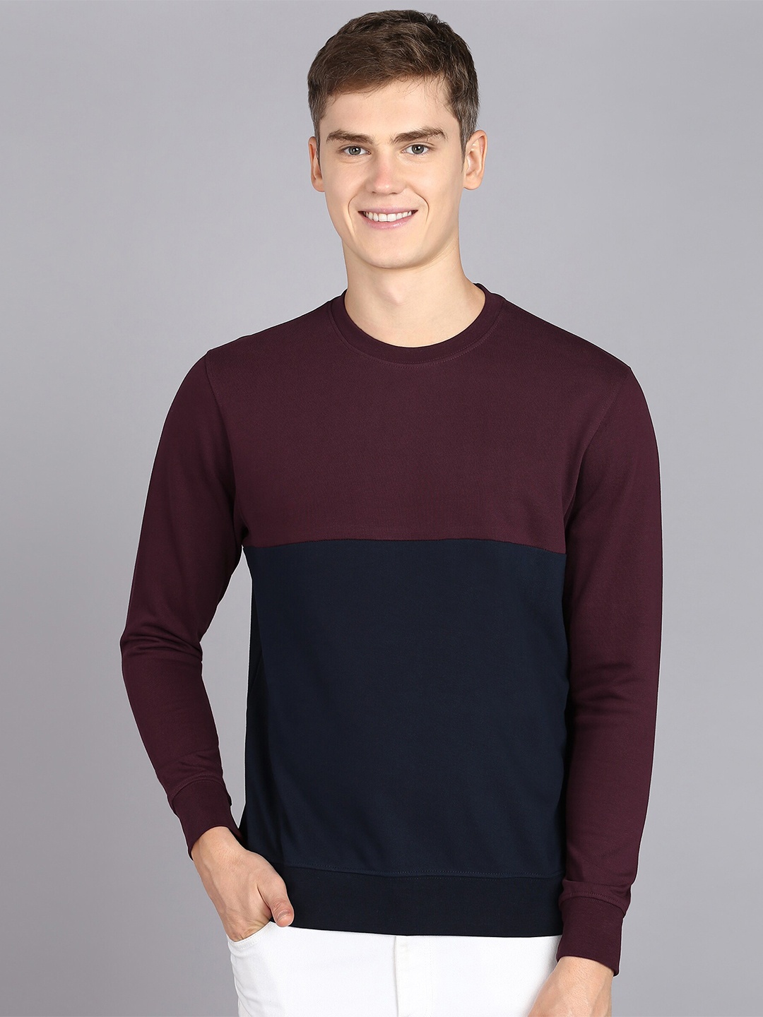 

Alan Jones Round Neck Colourblocked Pure Cotton Sweatshirt, Burgundy