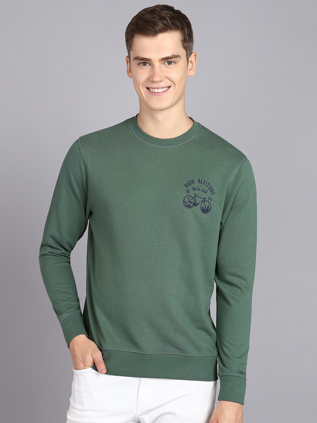 

Alan Jones Graphic Printed Round Neck Long Sleeves Pure Cotton Sweatshirt, Green