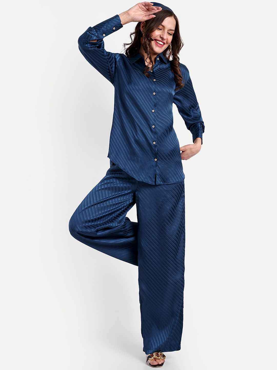

ESSQUE Striped Shirt Collar Shirt & Trousers With Hairband Co-Ords Set, Blue