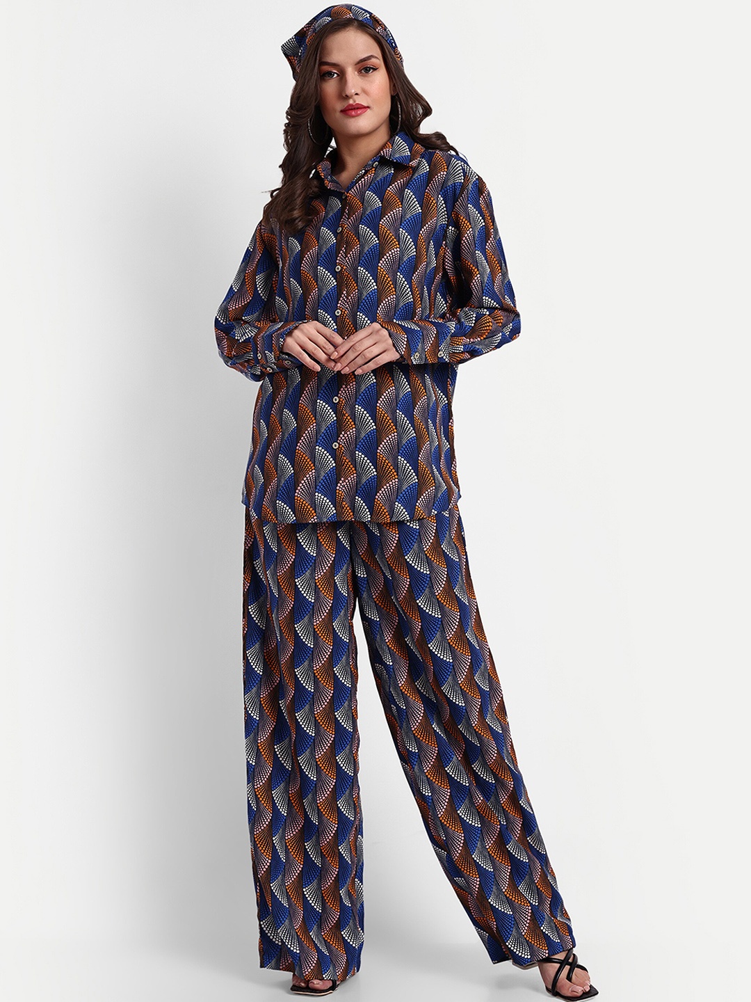 

ESSQUE Geometric Printed Shirt With Palazzo Co-Ords With Hairband, Blue