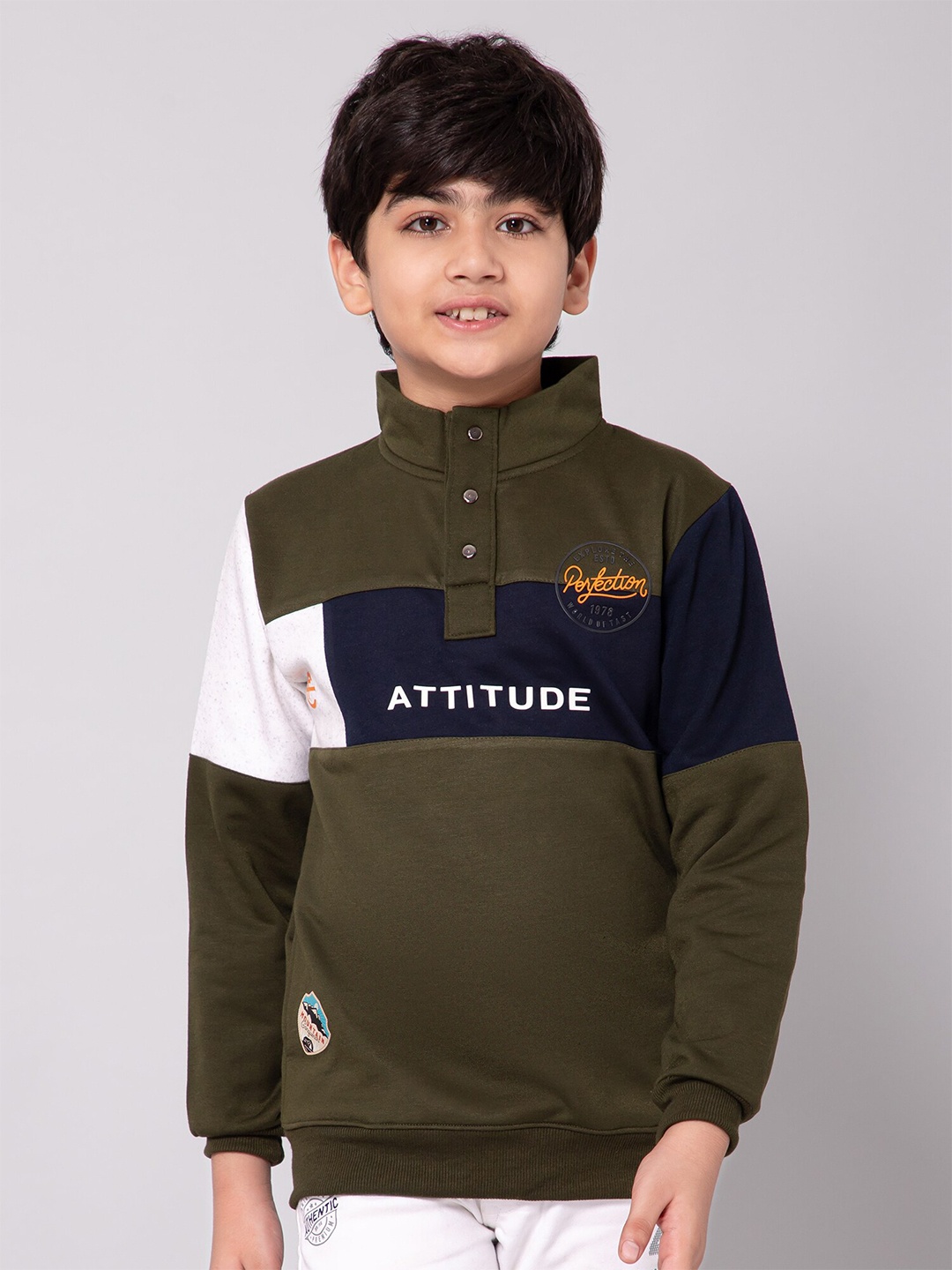 

Alan Jones Boys Colourblocked Mock Collar Pullover, Olive