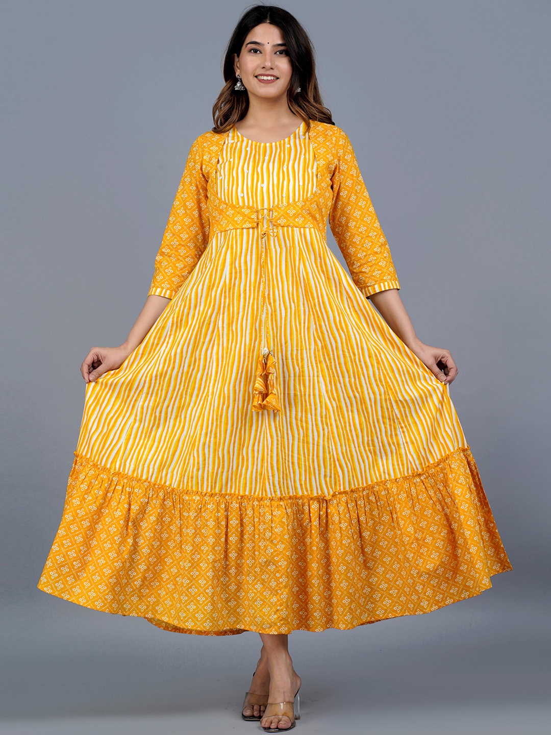 

KALINI Striped Printed Thread Work Detail Fit and Flare Ethnic Dresses, Yellow