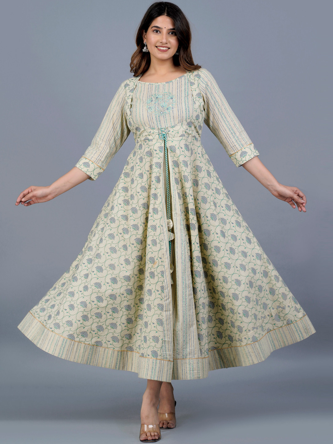 

KALINI Floral Printed Thread Work Anarkali Kurta, Green