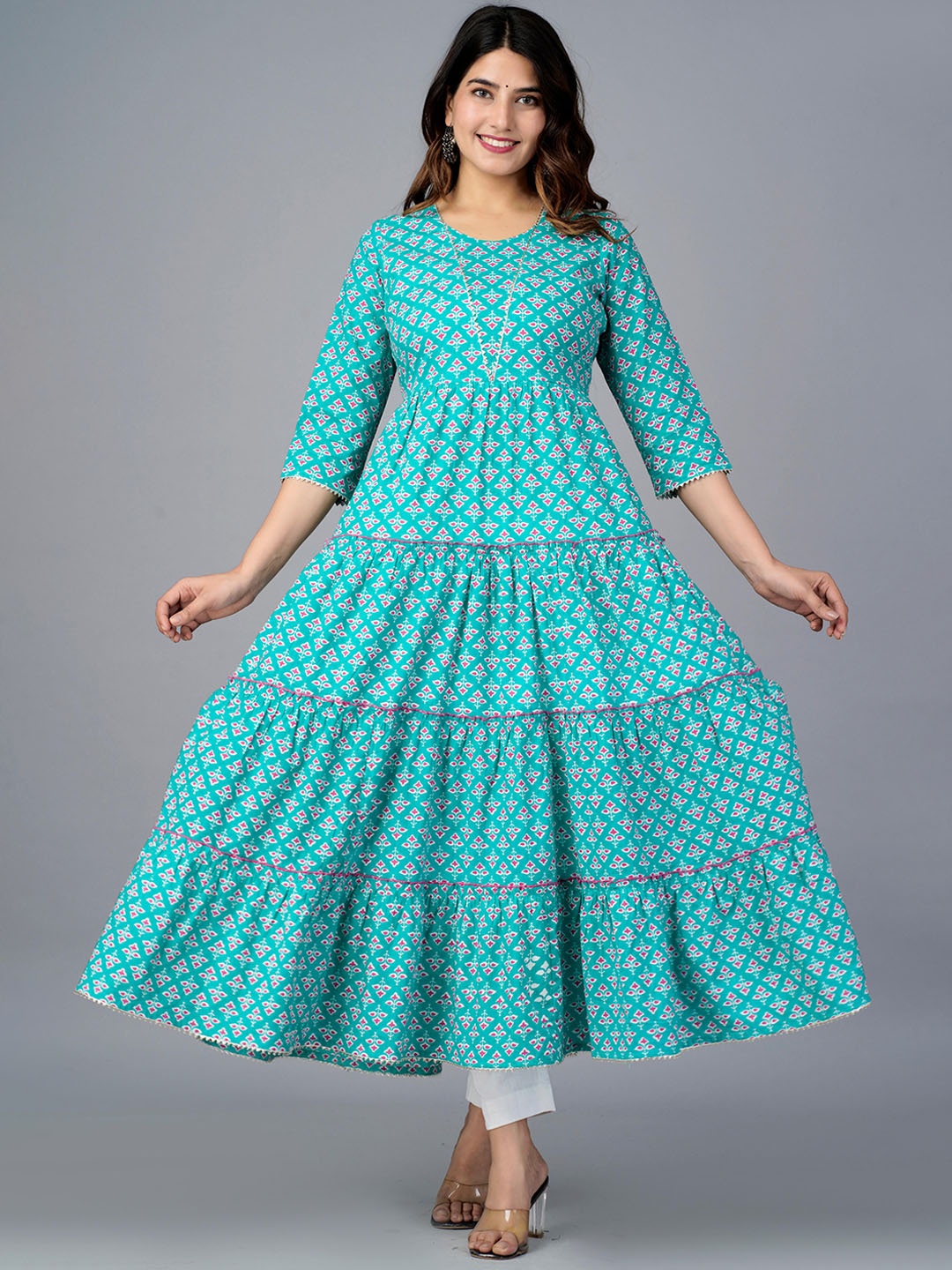 

KALINI Ethnic Motifs Printed Gotta Patti Detail Tiered Anarkali Kurta, Turquoise blue