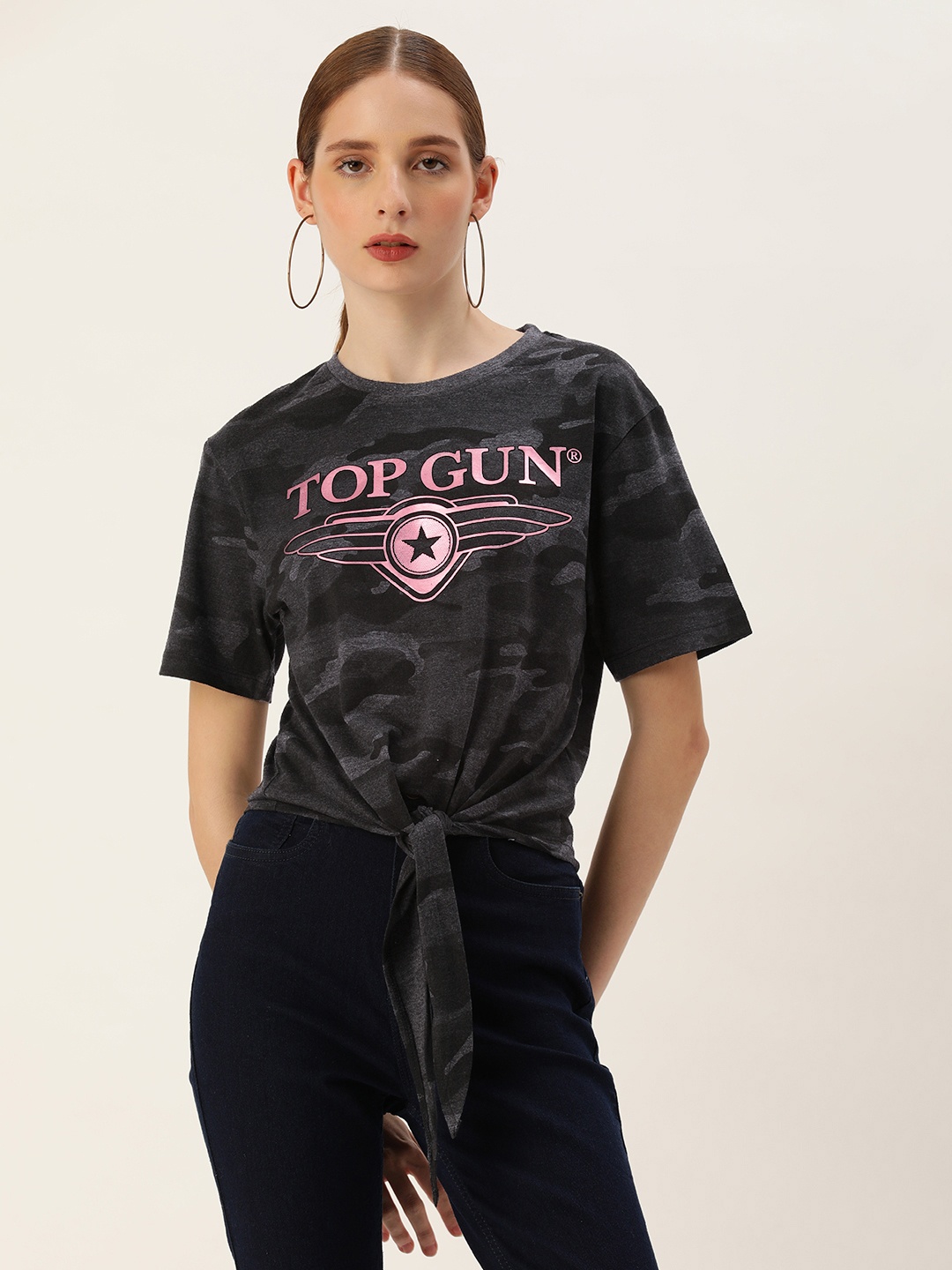 

Top Gun Women Graphic Printed Regular Fit T-shirt, Grey melange