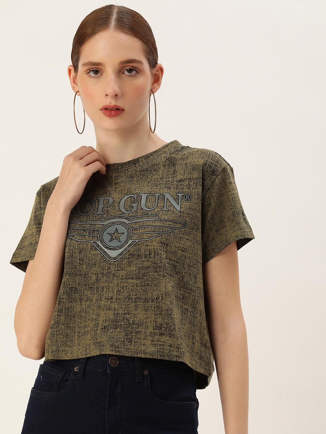 

Top Gun Women Graphic Printed Boxy T-shirt, Olive