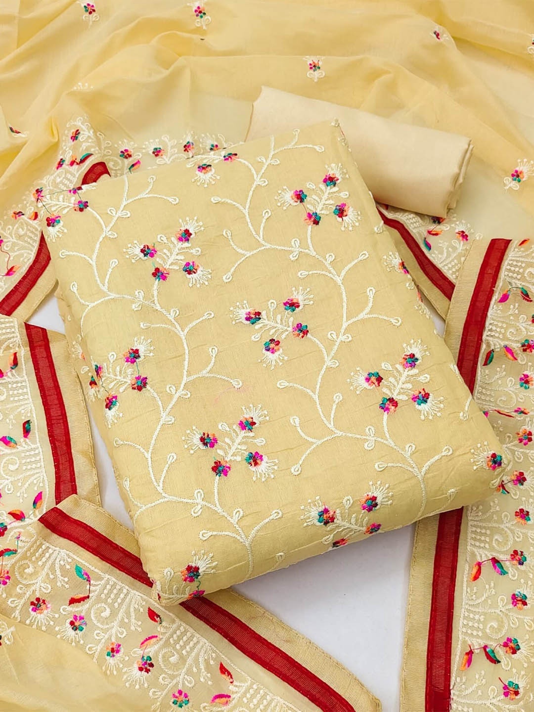 

KALINI Floral Embroidered Art Silk Unstitched Dress Material, Yellow