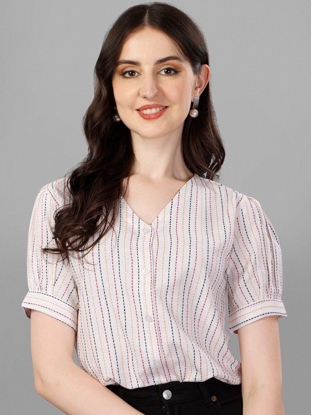 

Kinjo Striped V-Neck Puff Sleeves Shirt Style Cotton Top, White