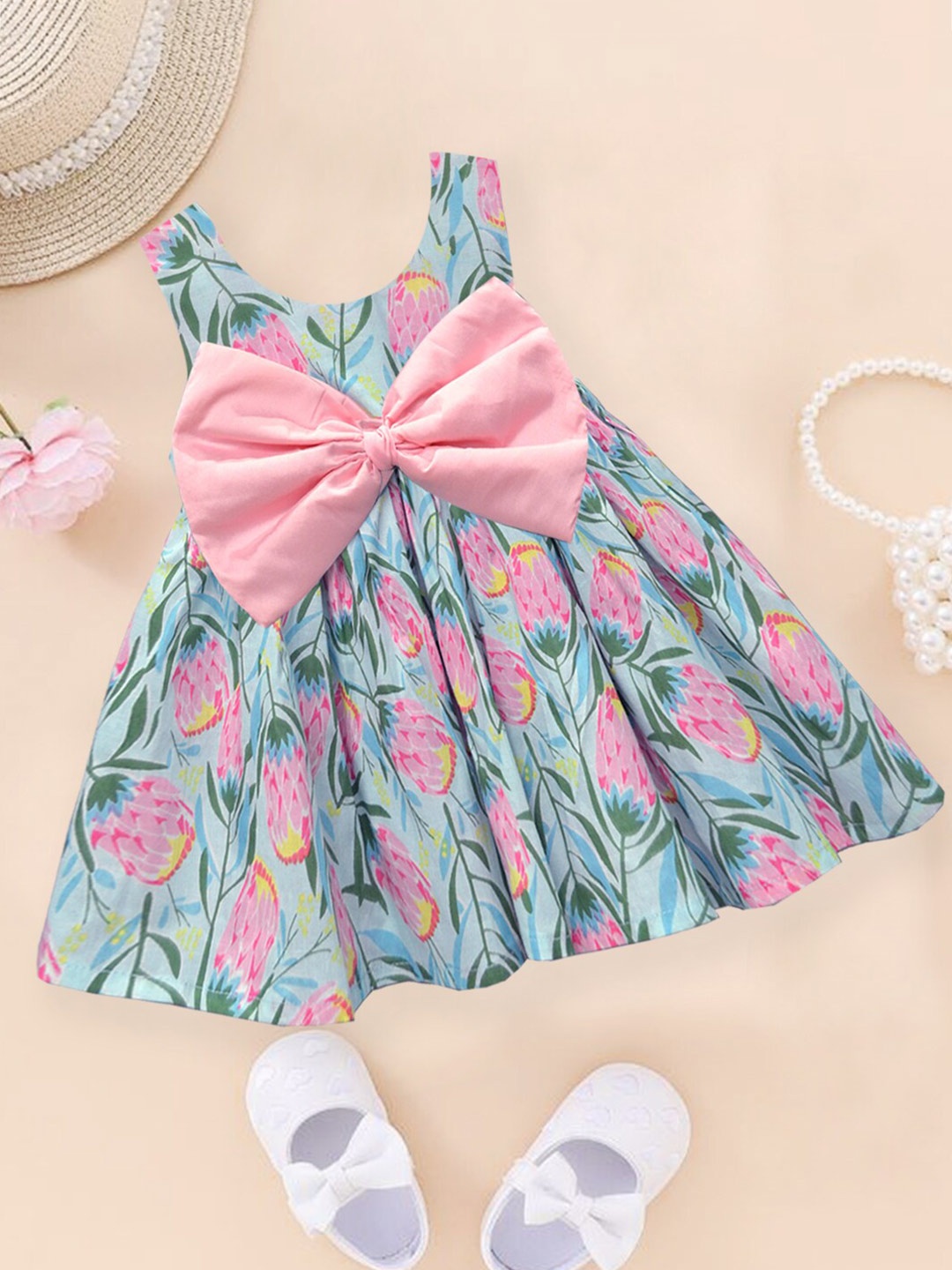 

A T U N Girls Floral Printed Bow Cotton Fit & Flare Dress, Blue