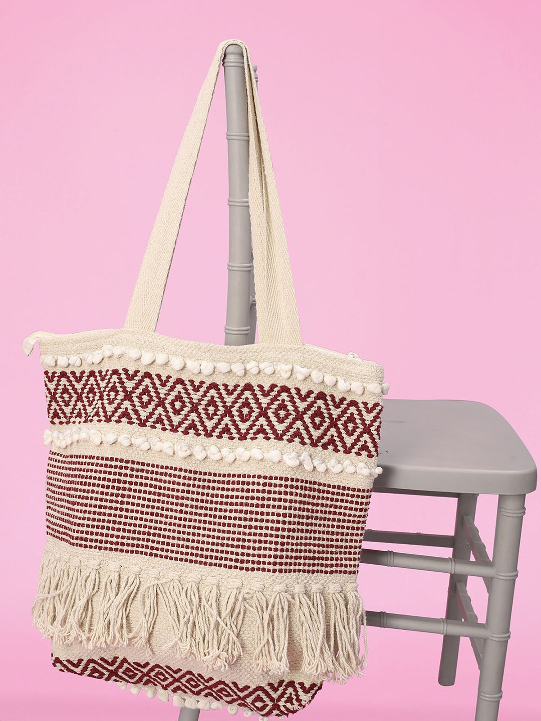 

N N ENTERPRISE Geometric Embroidered Structured Jute Shoulder Bag With Tasselled, Cream