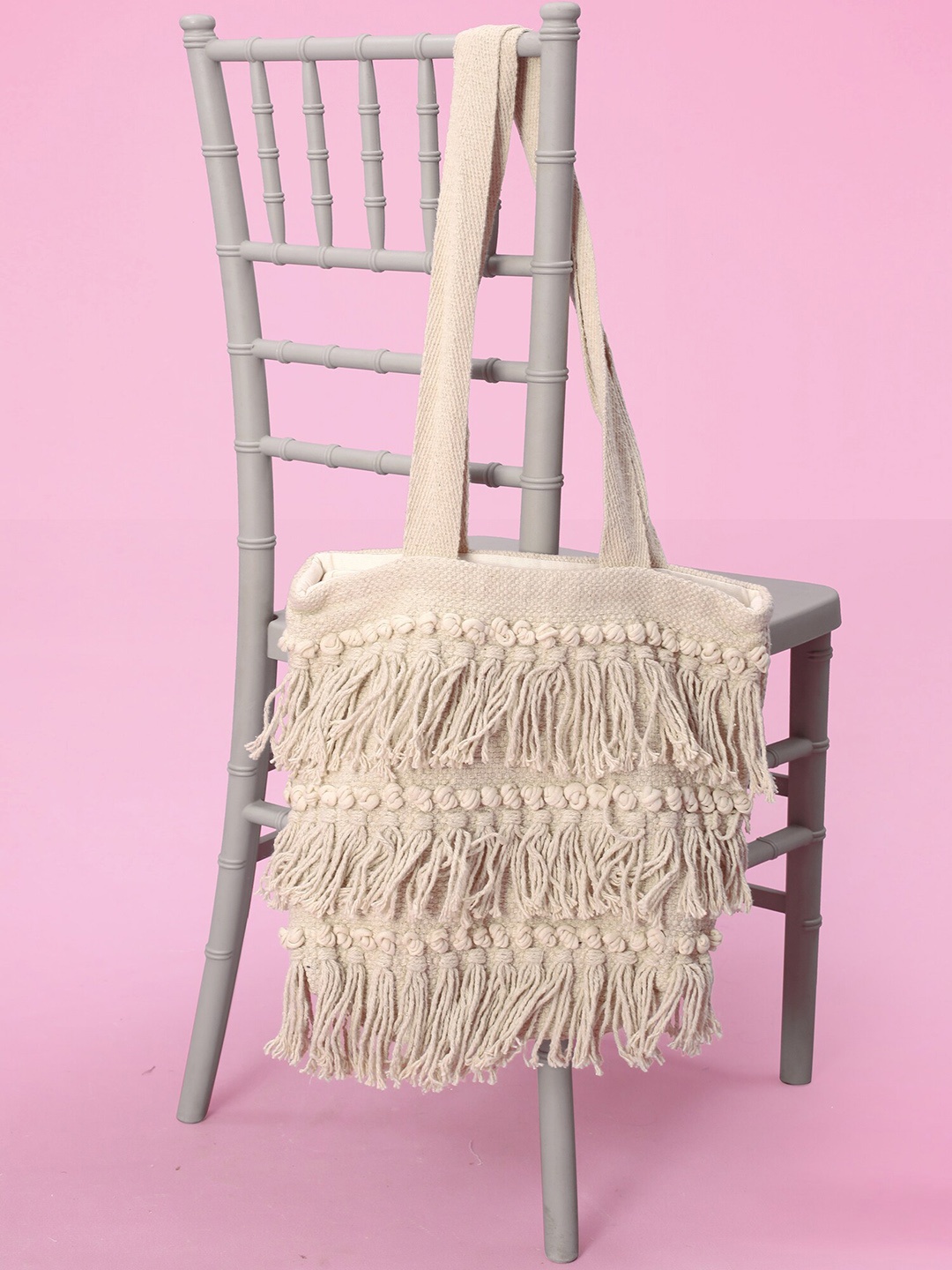 

N N ENTERPRISE Structured Jute Shoulder Bag With Tasselled, Cream