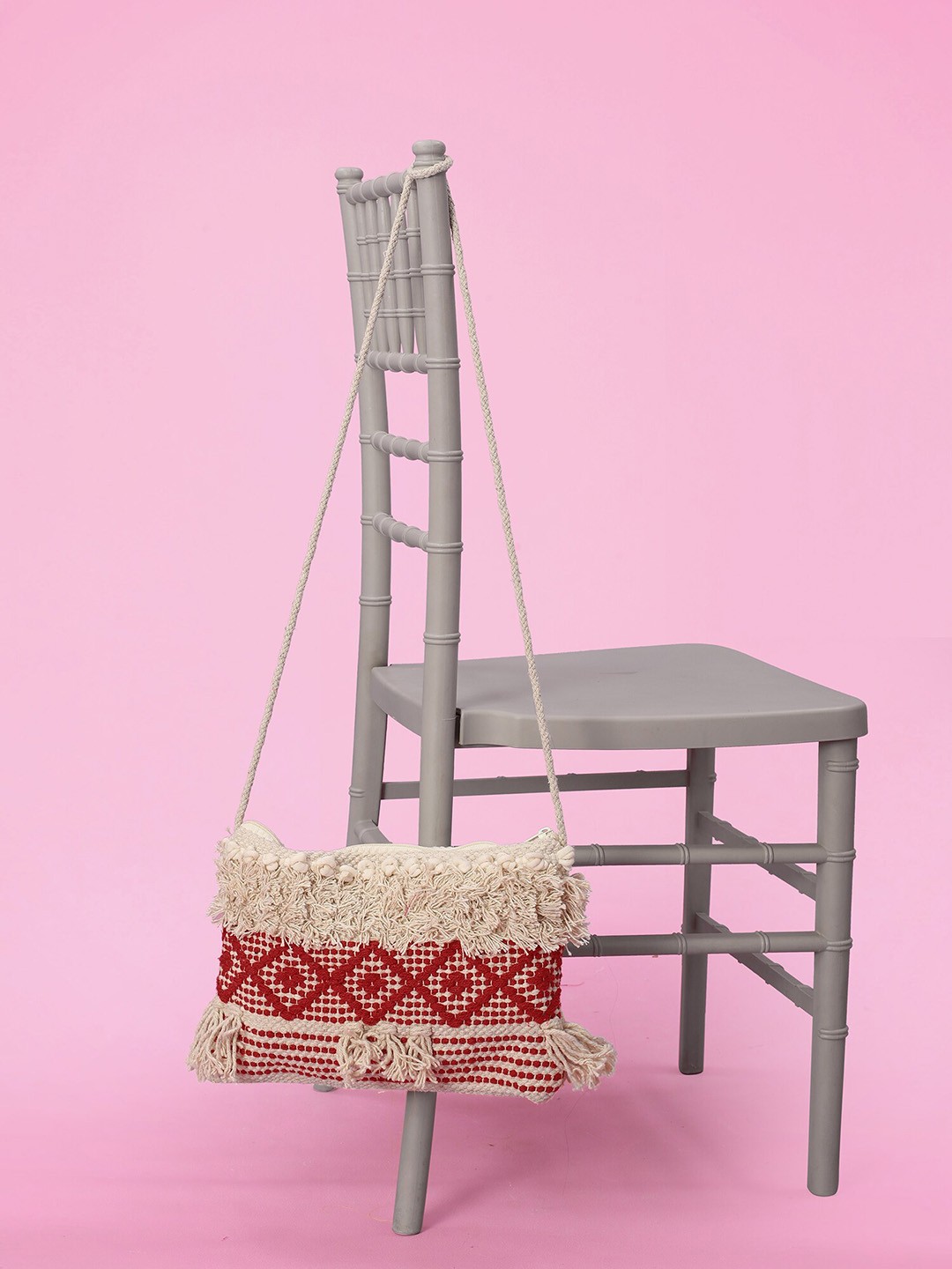 

N N ENTERPRISE Geometric Self Design Structured Jute Sling Bag With Tasselled, Cream