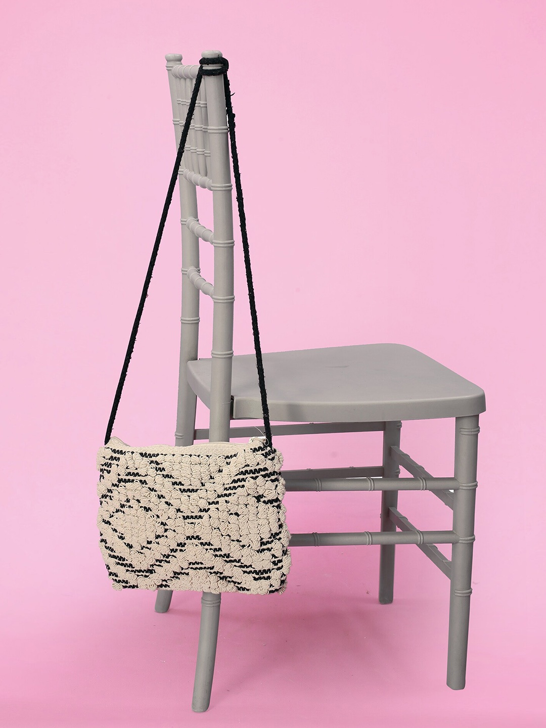 

N N ENTERPRISE Geometric Self Design Structured Jute Sling Bag With Fringed, Cream