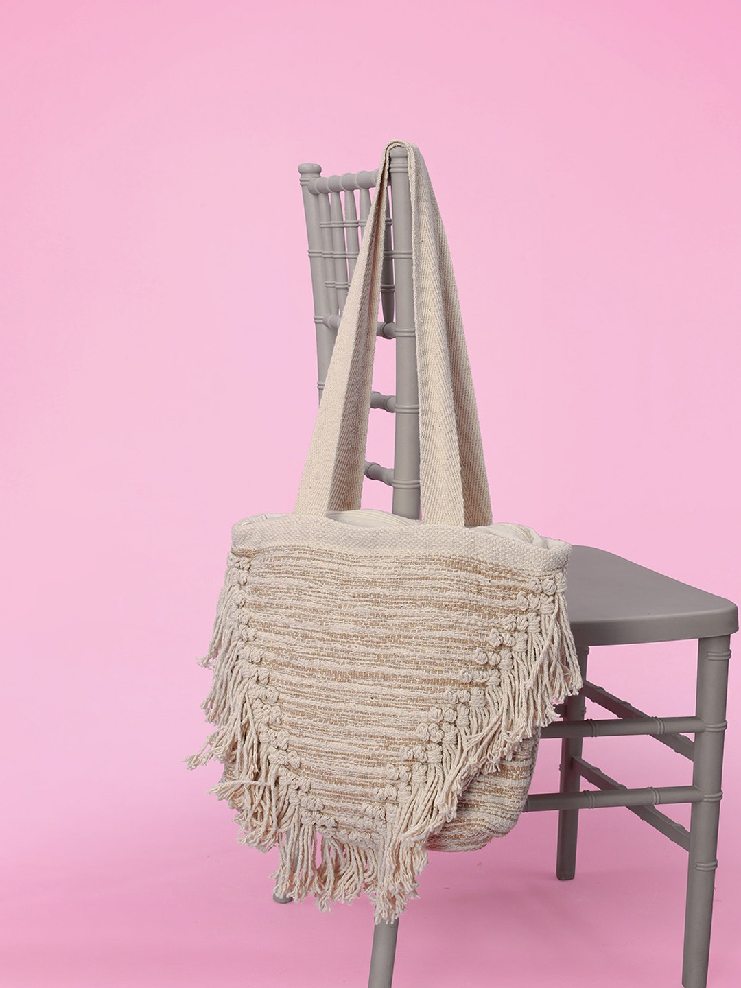 

N N ENTERPRISE Textured Fringed Shopper Jute Sling Bag, Beige